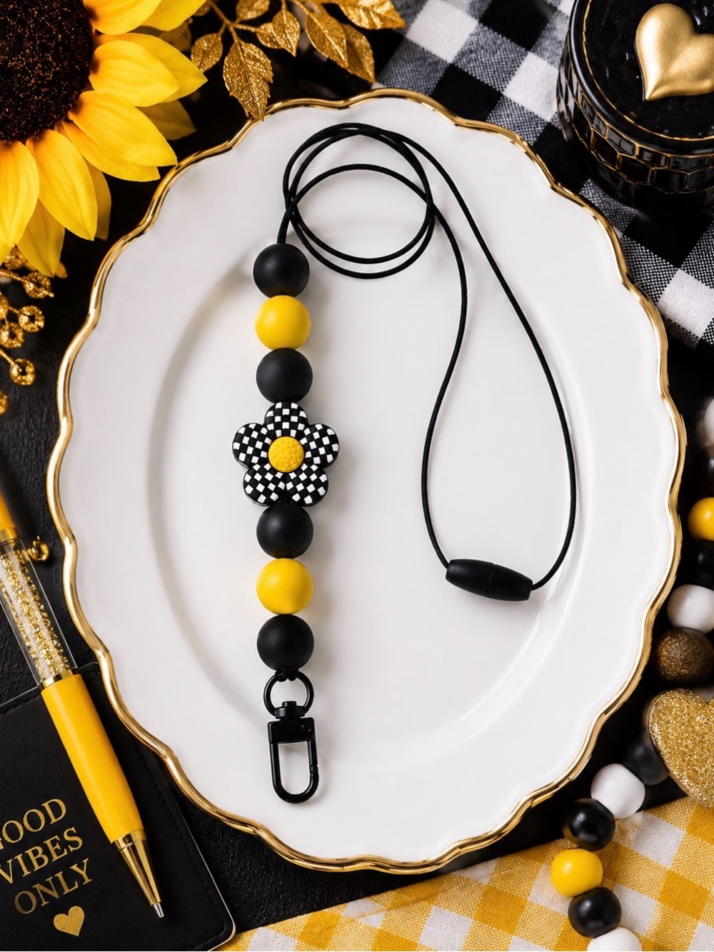 Hand Crafted Black & Yellow Beaded Lanyard with Checker Flower Charm